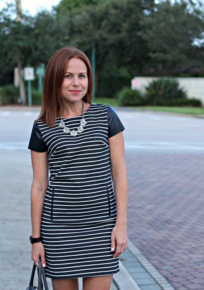 striped dress + faux leather details